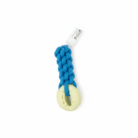 Blue braided rope dog toy with rubber chew ring on white background