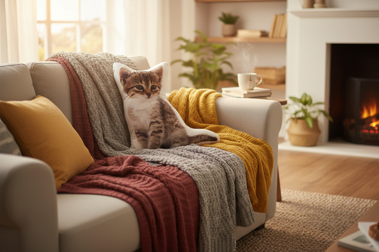 Kitten shaped pillow on cozy sofa lifestyle photo