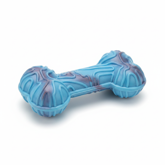 Durable blue rubber dog chew bone with 3D swirl texture on white background