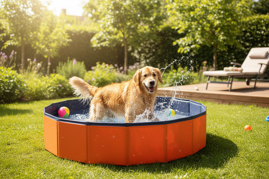 Golden retriever playing in foldable pet pool in backyard